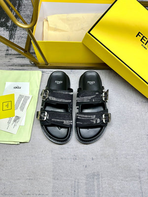 Open image in slideshow, F STYLE LEATHER + DENIM LOGO DETAIL SANDALS (SIZES 35-41)
